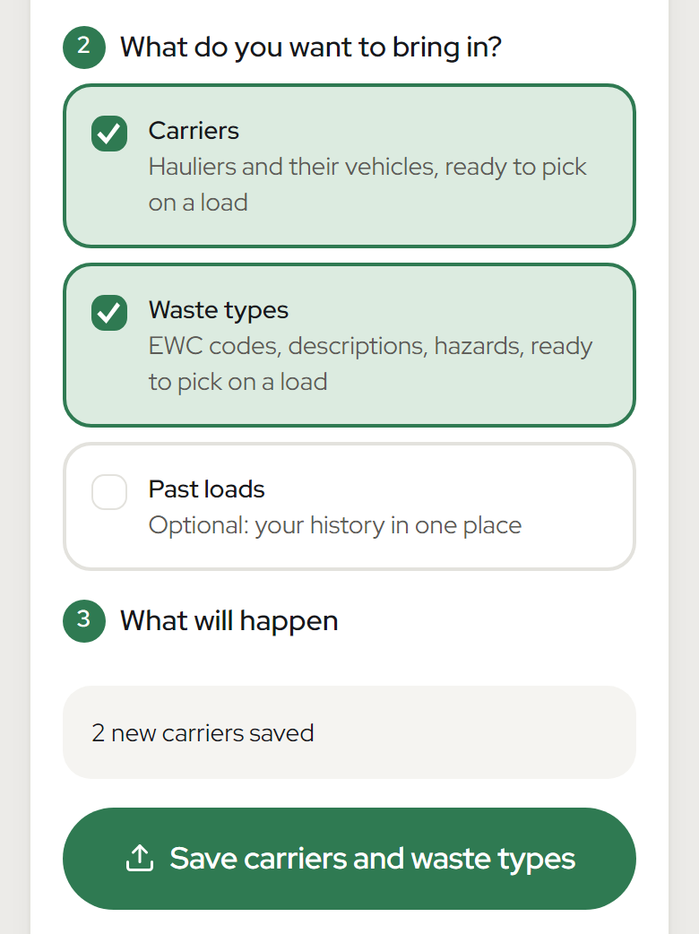 Import: carriers and waste types ticked, and what will happen