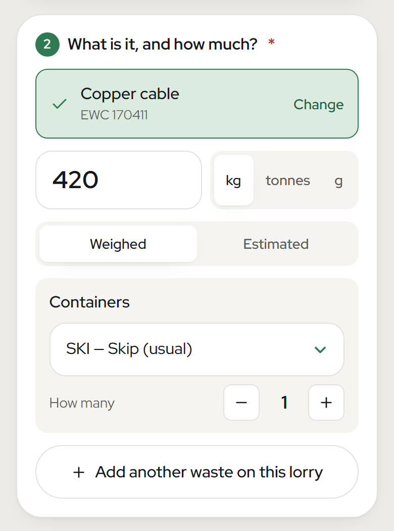 The New load form: copper cable, 420 kg, weighed, in a skip